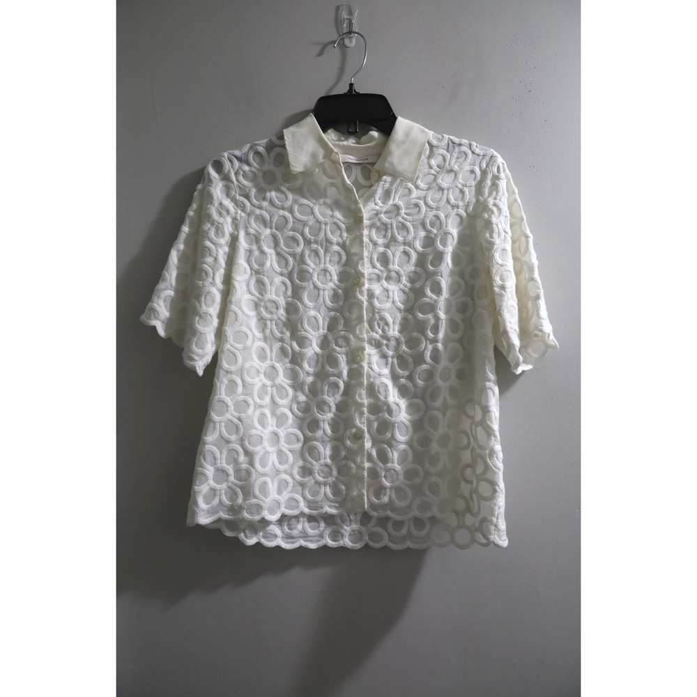 Rebecca Taylor White Floral Eyelet Silk Cotton Short Sleeve Button Down Shirt S